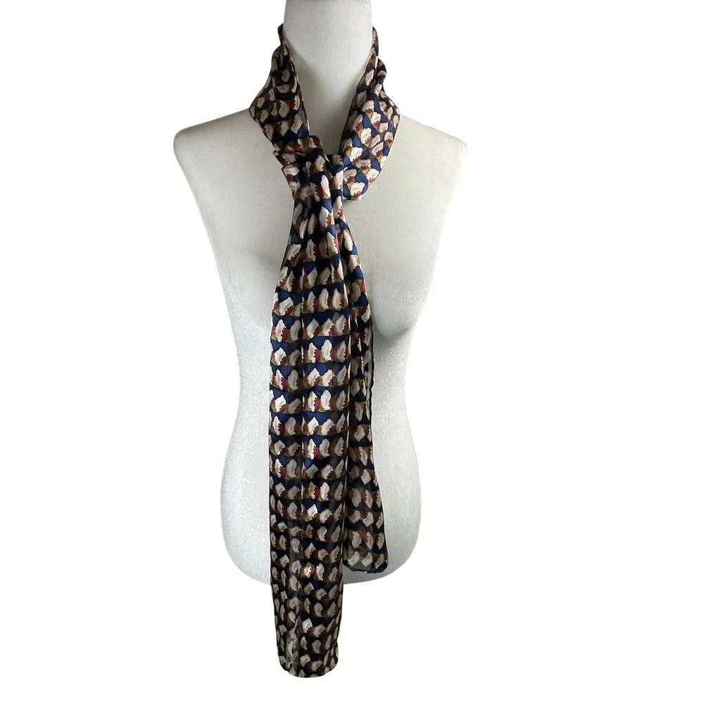 Vintage Style 100% Silk Abstract Geometric Print Scarf Navy Blue Cream 64x13